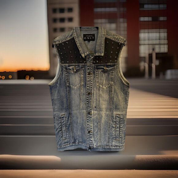 Unisex Denim Studded Vest Peace Sign Lip Service Cult Sz L GUC - Picture 1 of 13
